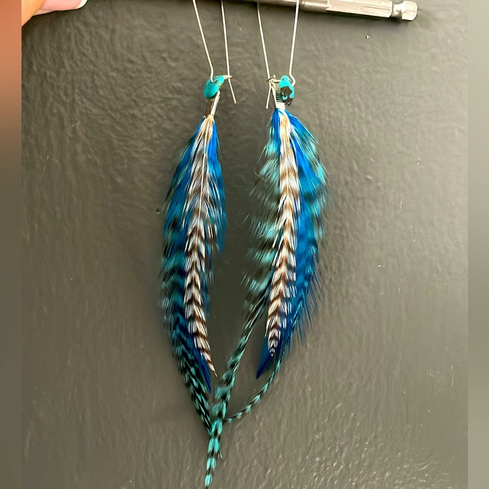 Bohemian Feather Earrings in blue & white